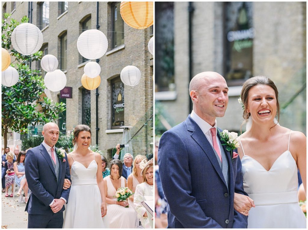 Bride & groom laughing during their courtyard ceremony at Devonshire Terrace wedding venue