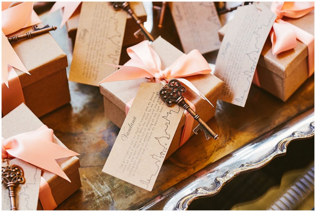 Bridesmaids gifts with pink ribbon, keys and brown labels.