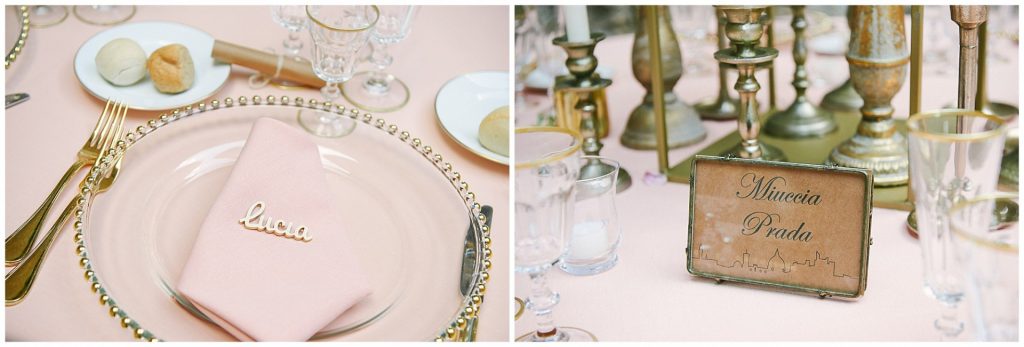 Pink and gold wedding table details at Castello Di Vincigliata destination wedding