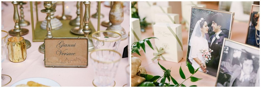 Pink weddings table with gold details at Castello Di Vincigliata destination wedding