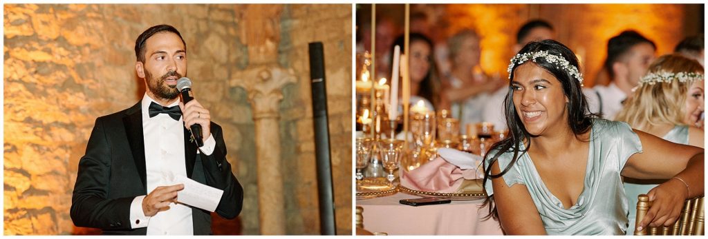 Bridesmaid laughing during speeches at Castello Di Vincigliata