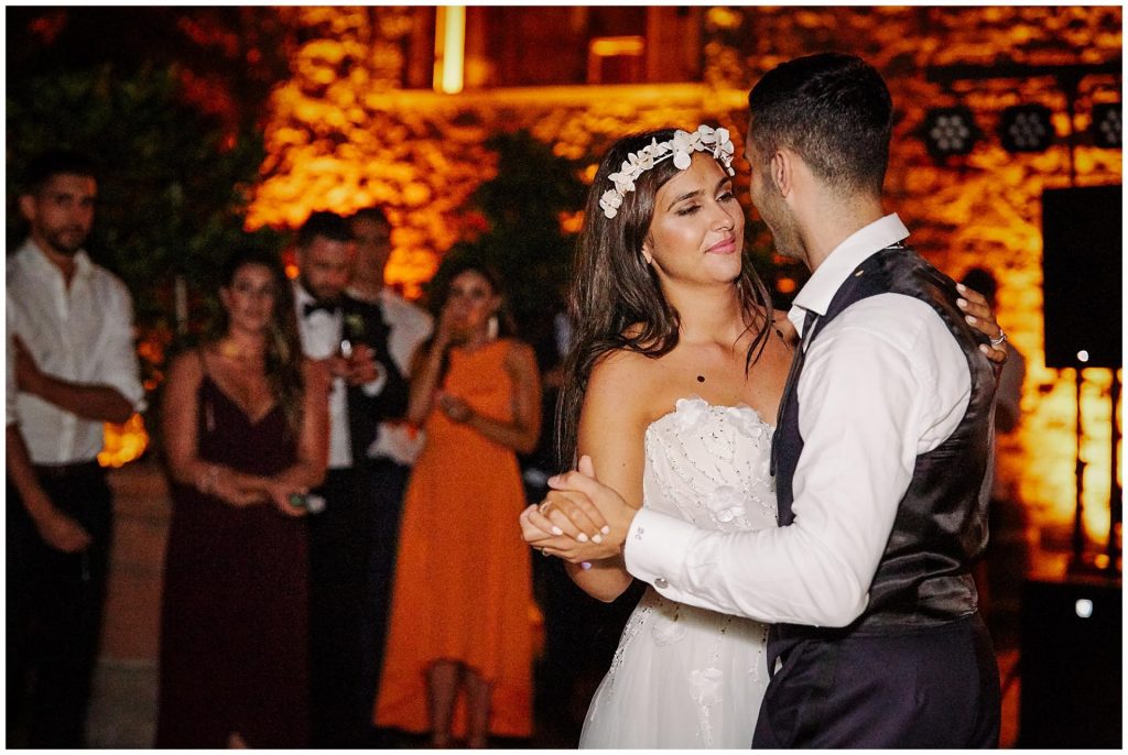Bride and grooms first dance outside at Castello Di Vincigliata