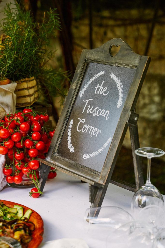 Italian cherry tomatoes and Tuscan food sign at Florence destination wedding