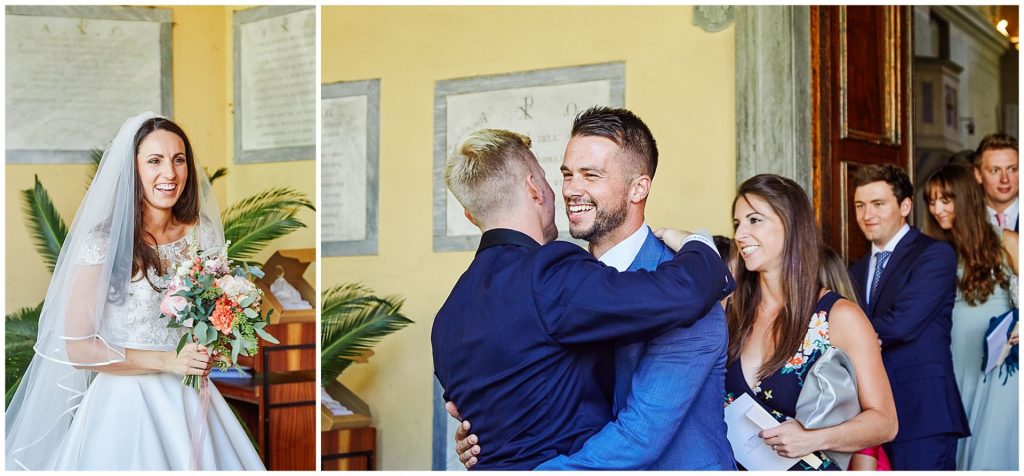 Bride, groom and Wedding guests exiting the Catholic Church of Careggi and laughing and hugging after ceremony