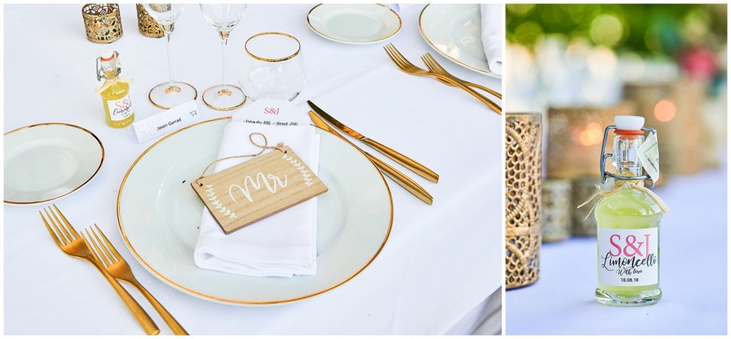 outside wedding table details featuring gold cutlery and personalised limoncello wedding favour bottles