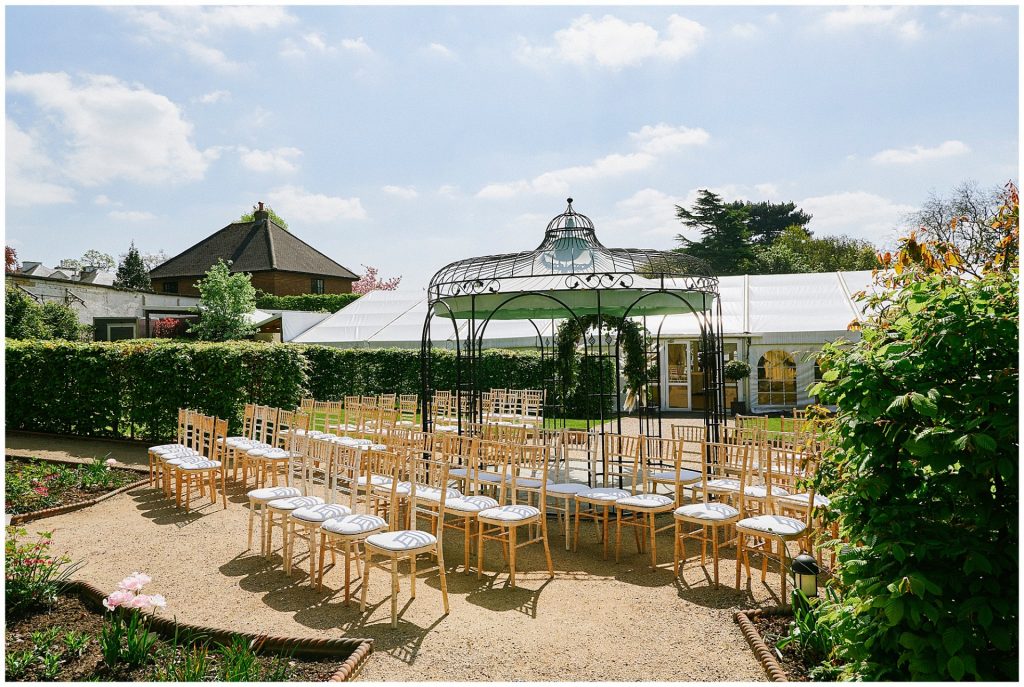 Outdoor wedding ceremony seating at Pippley Walled Garden Nottingham wedding venue