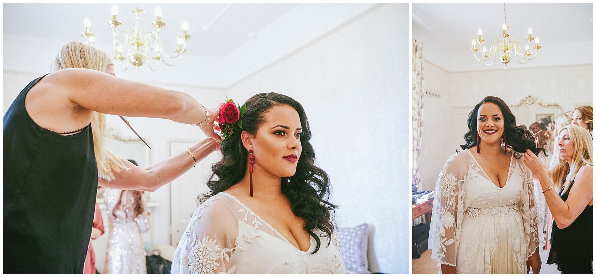 Vintage style bride having a rose put into her hair during bridal prep.