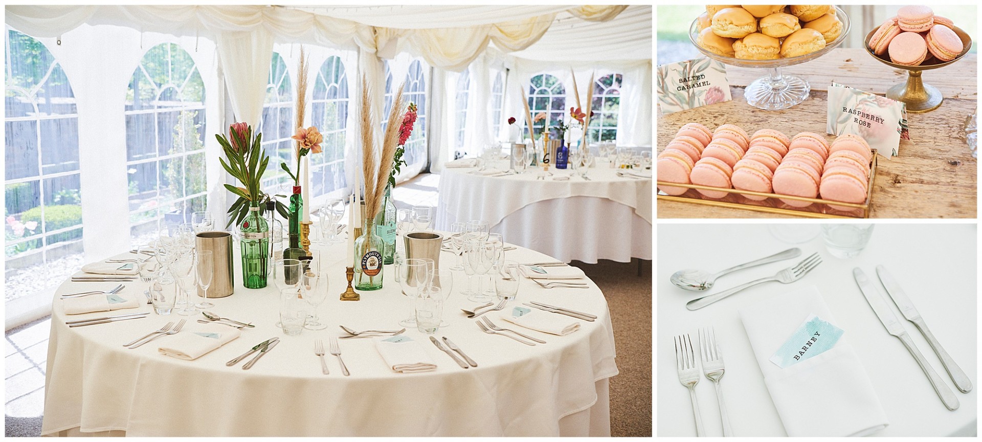 Wedding table details featuring gin bottles, flowers and deserts