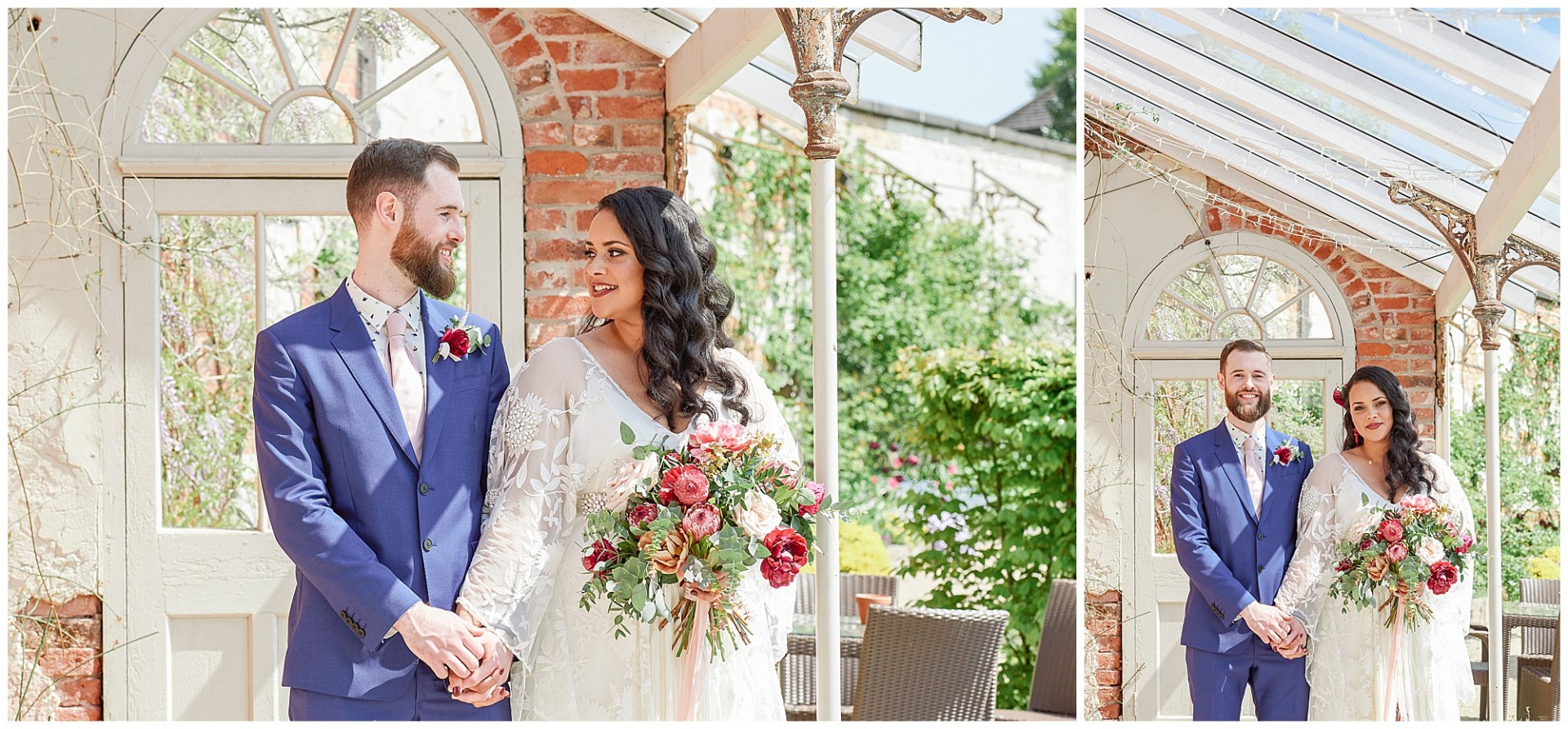 Bohemian bride and groom stood under the loggia at the beautiful Walled Garden in Beeston