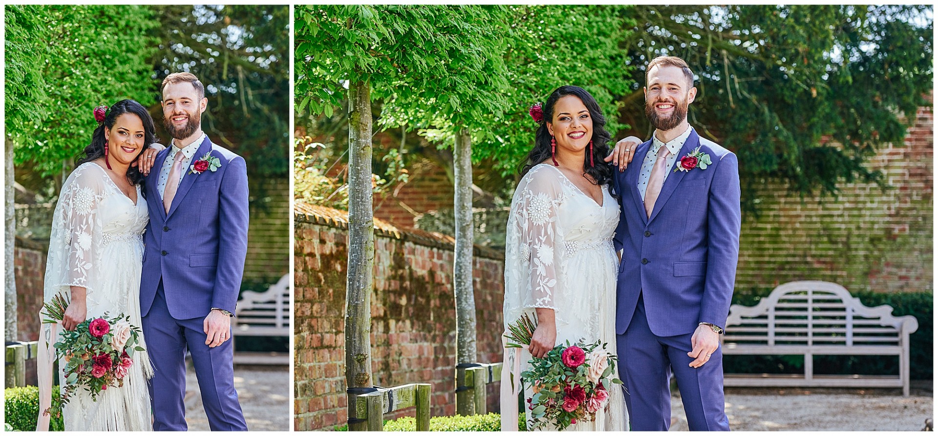 Bohemian bride and groom smiling outside at The Walled Garden in Beeston