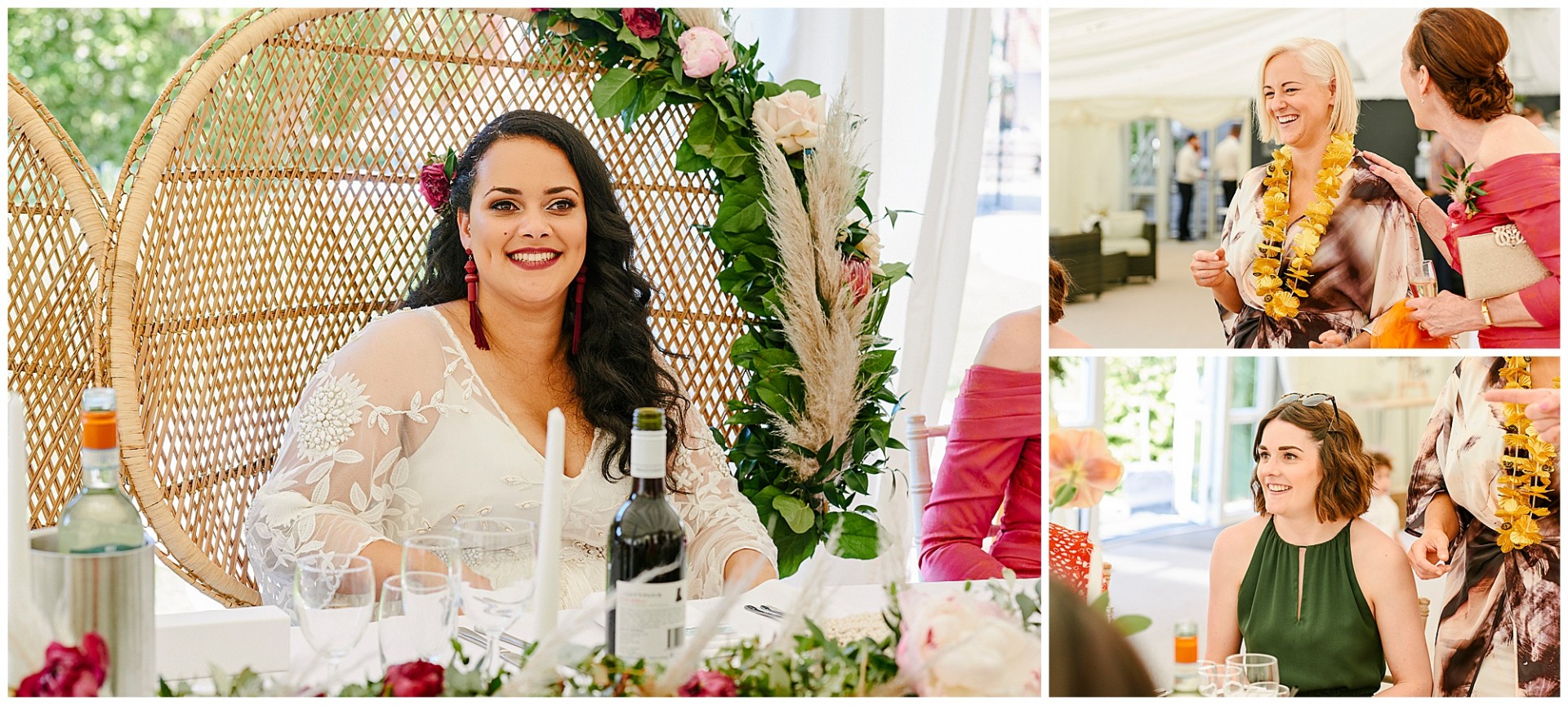 Bride sat in bohemian chair laughing during her wedding at The Walled Garden in Beeston.