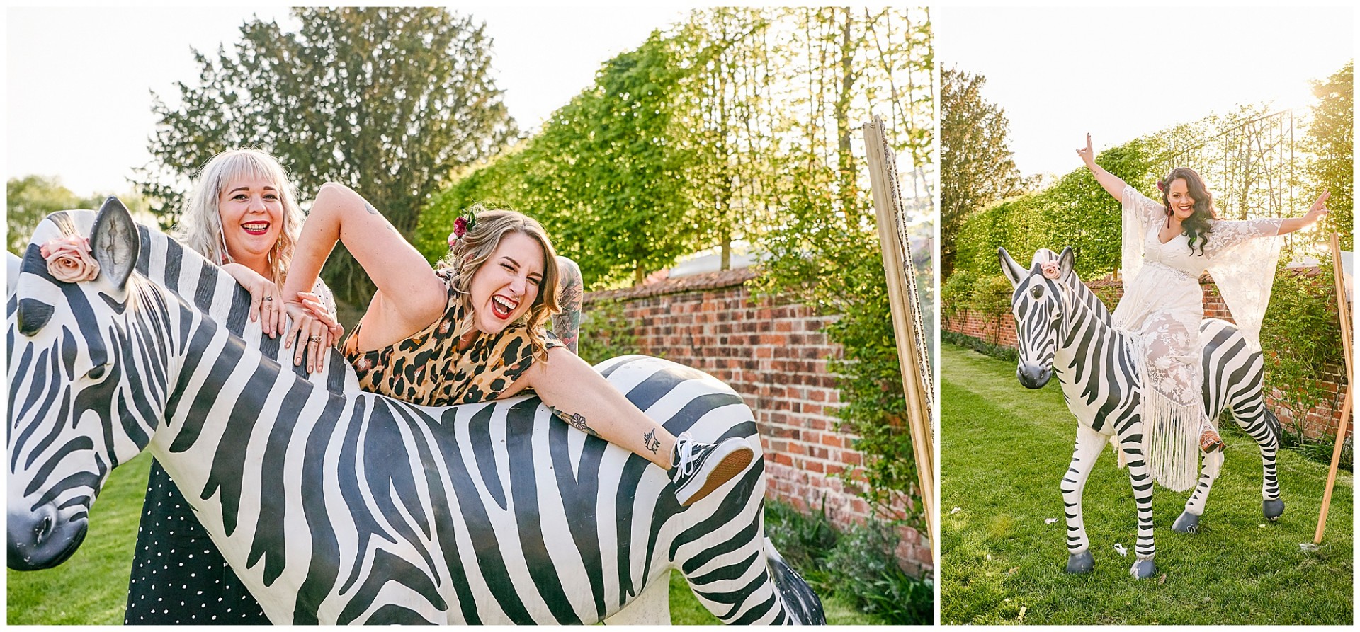 Bridesmaid and bride climbing on prop zebra at The Walled Garden in Beeston