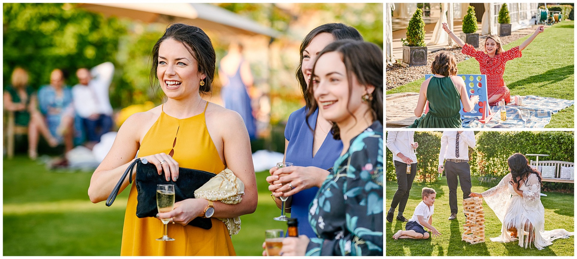 Wedding guests having fun outside in the gardens at The Walled Garden in Beeston