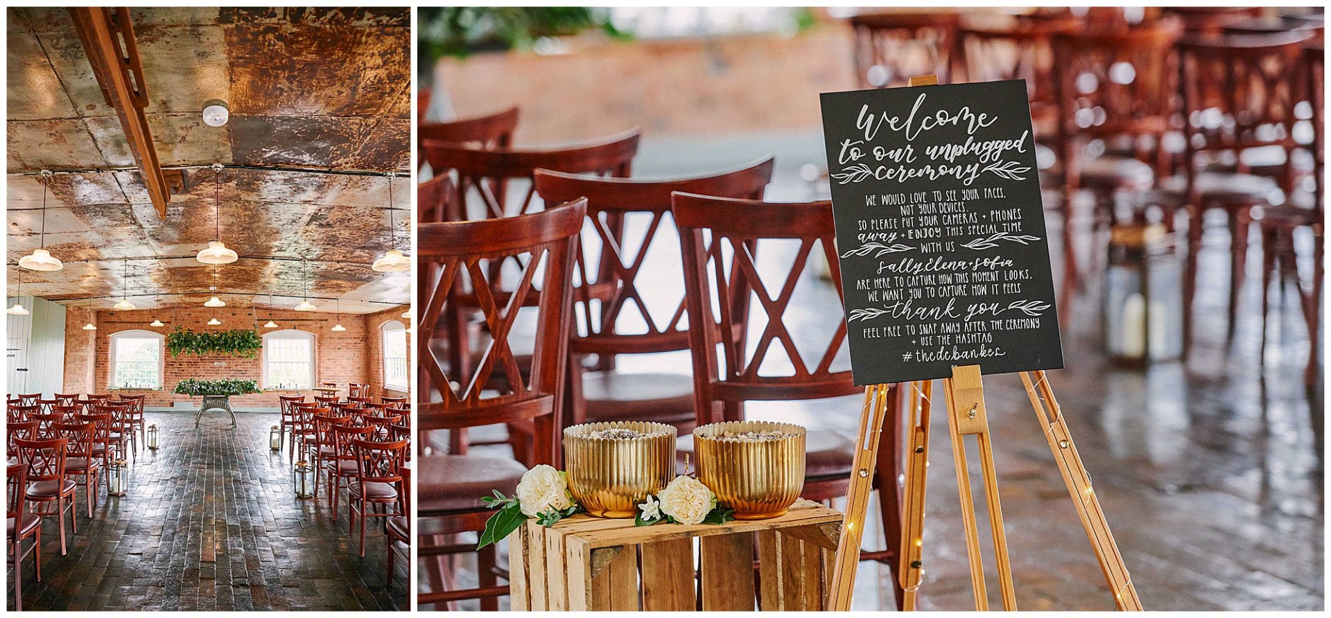 Empty ceremony room with an unplugged wedding sign at the West Mill Wedding Venue in Derby