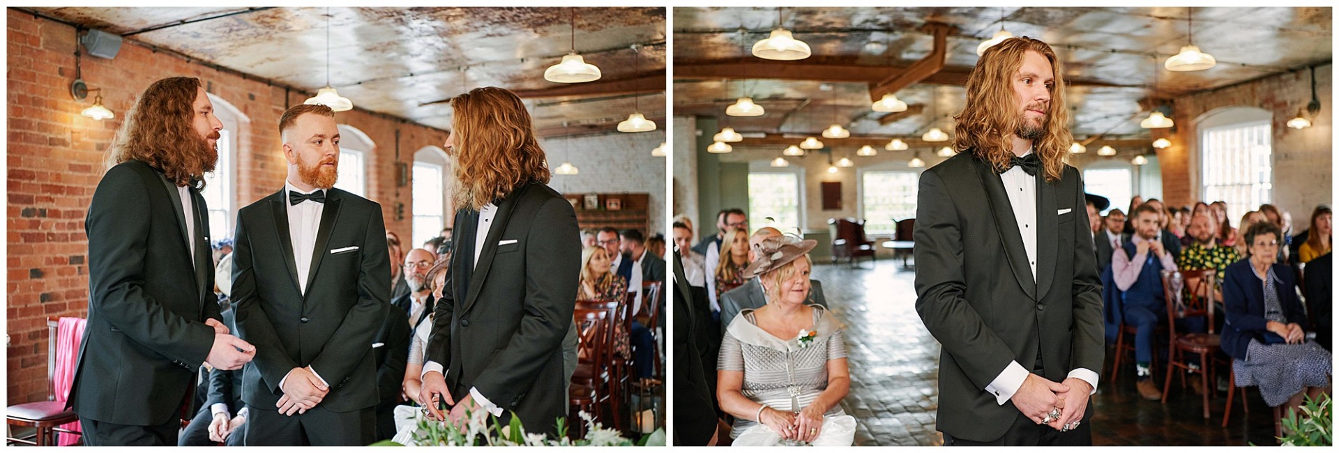 Groom and groomsmen waiting at the alter at the West Mill Wedding Venue in Derby