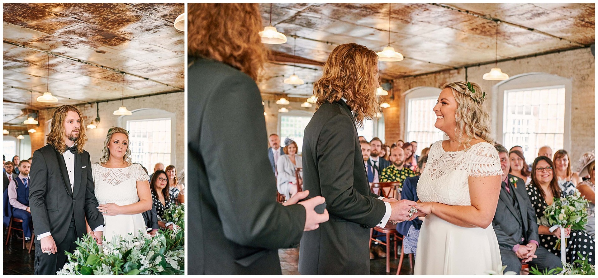 wedding couple holding hands & smiling during their wedding ceremony at the West Mill Venue in Derby