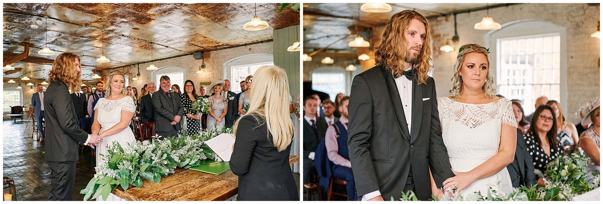 Bride and groom looking nervous during their wedding ceremony at the West Mill wedding Venue in Derby