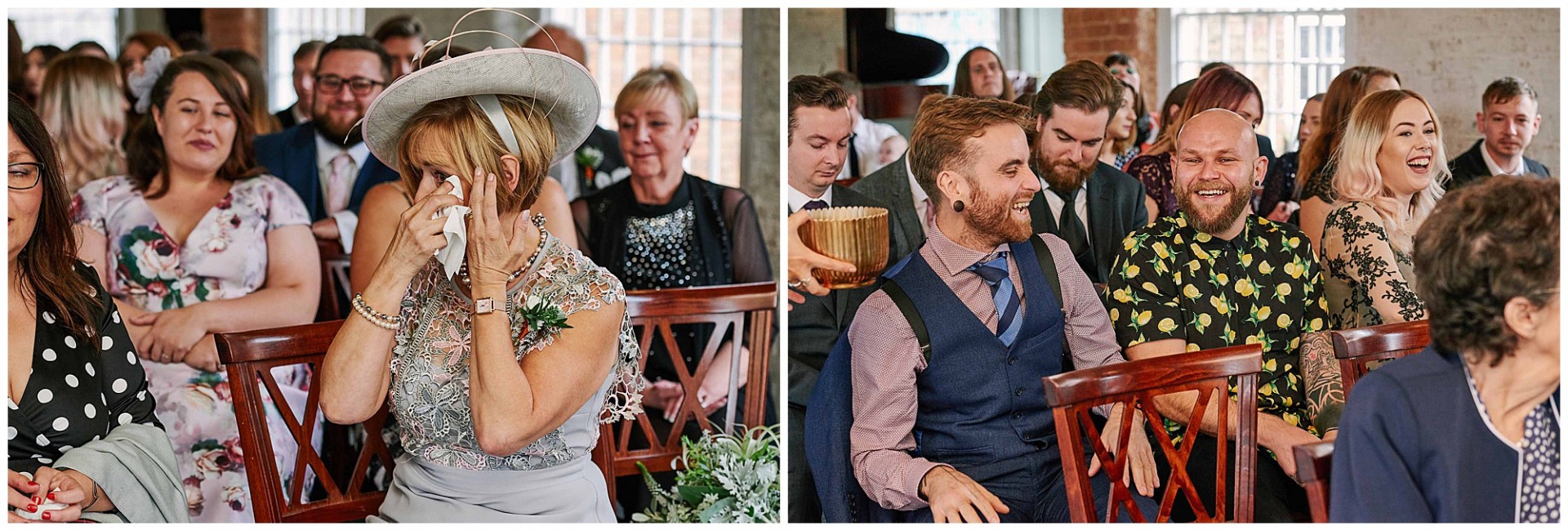 Wedding guests crying and laughing during ceremony at the West Mill Venue in Derbyshire