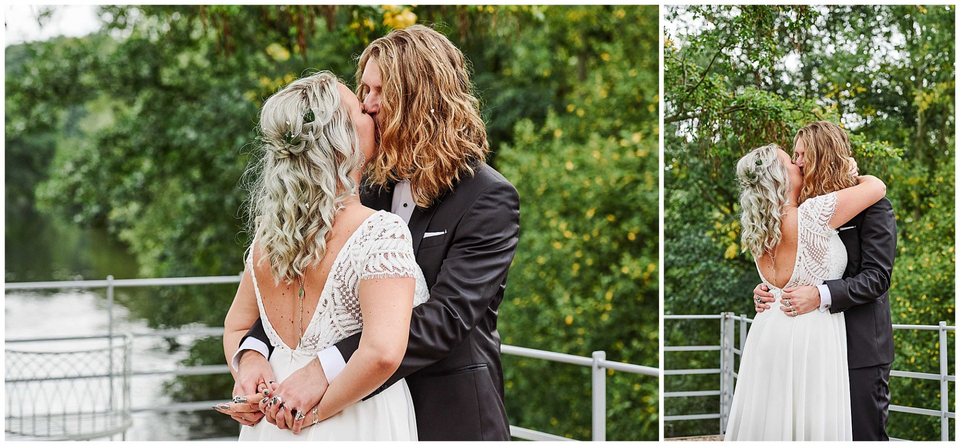Rock and Roll style Bride and groom kissing outside in front of green trees at the West Mill Wedding Venue in Derby