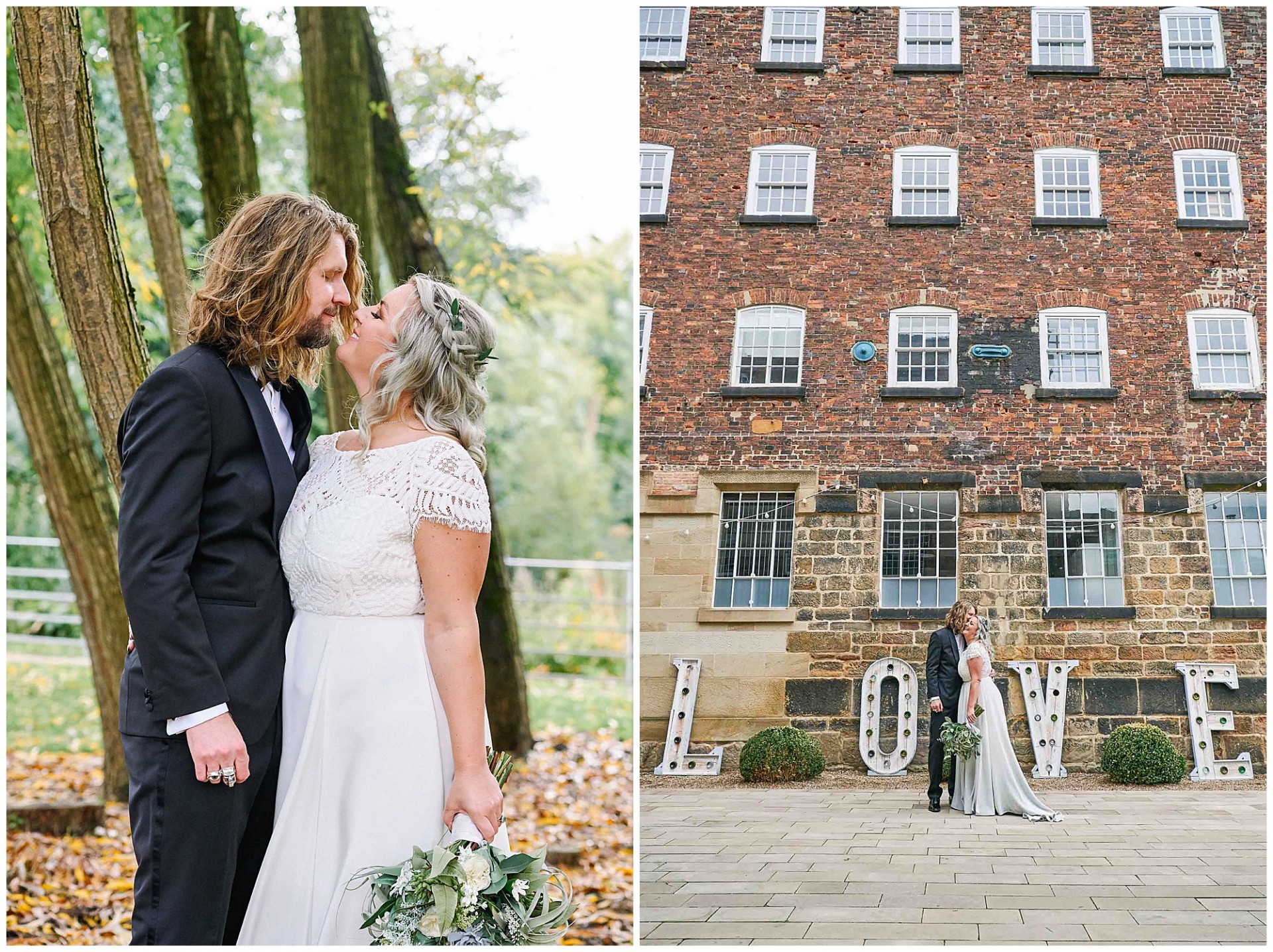 Bride and groom kissing with the industrial West Mill Wedding Venue and love sign in the background.