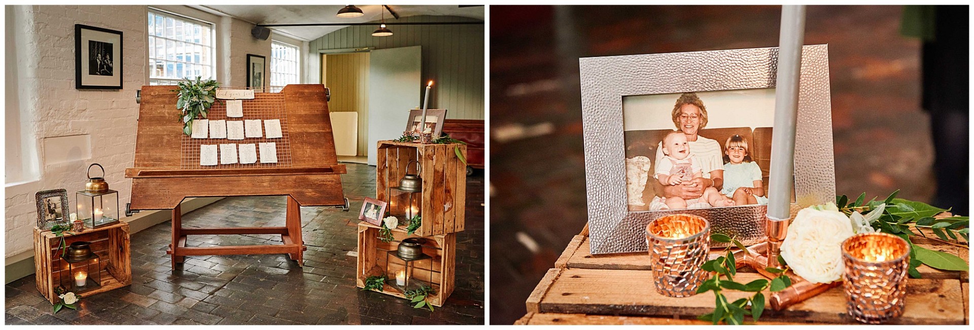 Wooden table seating plan and wedding details at the West Mill in Derby.