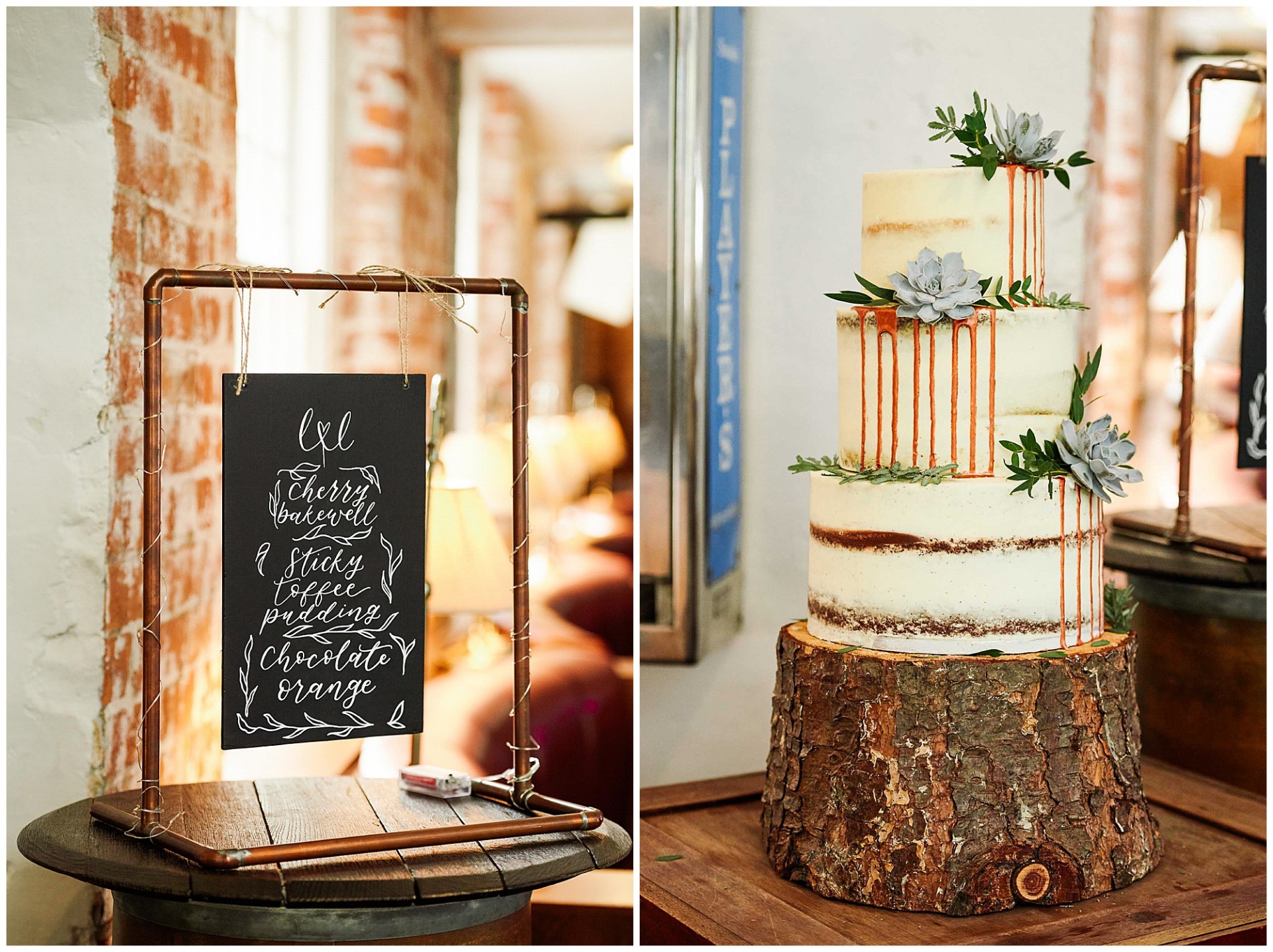 Wedding desert sign and white sticky toffee pudding cake at the West Mill in Derby. 