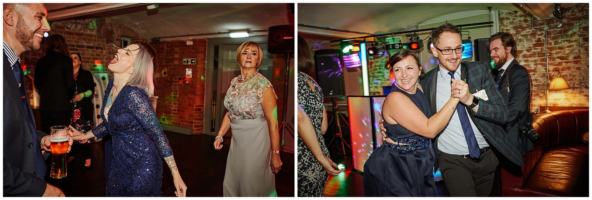 wedding guests having fun and and dancing during the evening reception at The West Mill Wedding Venue in Derby.