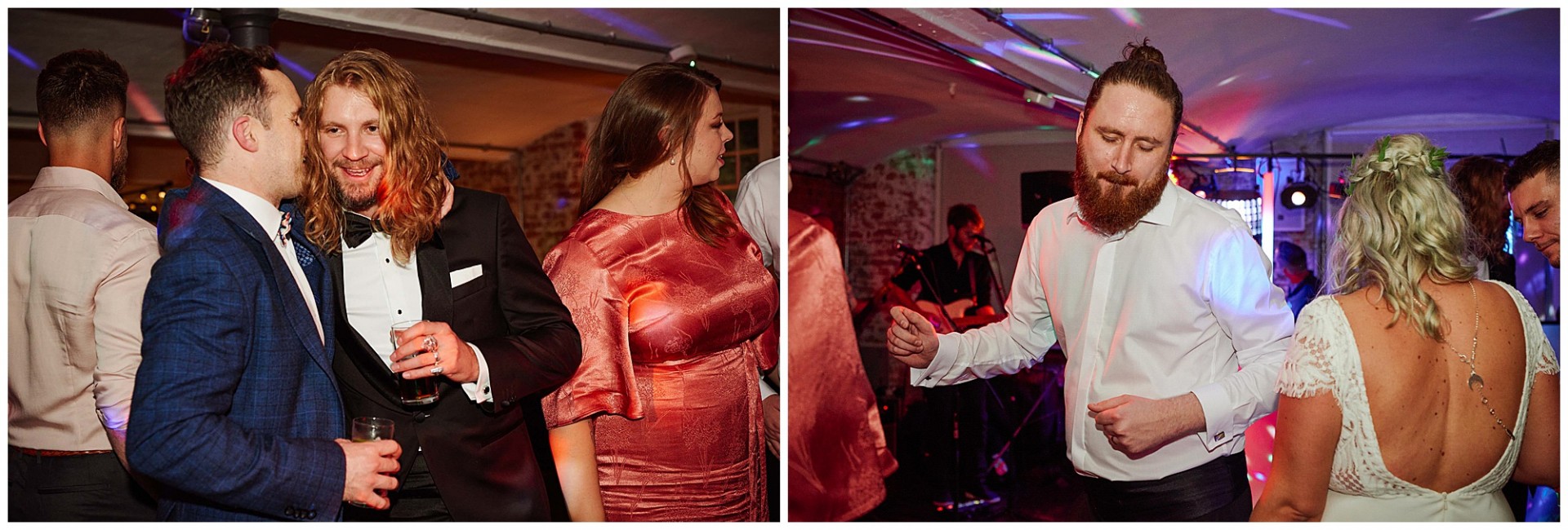 wedding guests having fun and and dancing during the evening reception at The West Mill Wedding Venue in Derby.