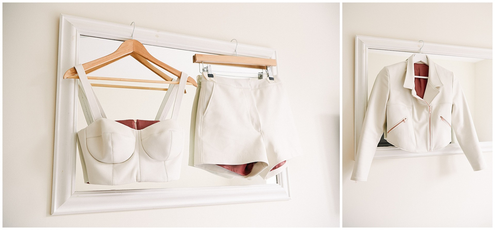 White leather bridal outfit hung up on a mirror. 