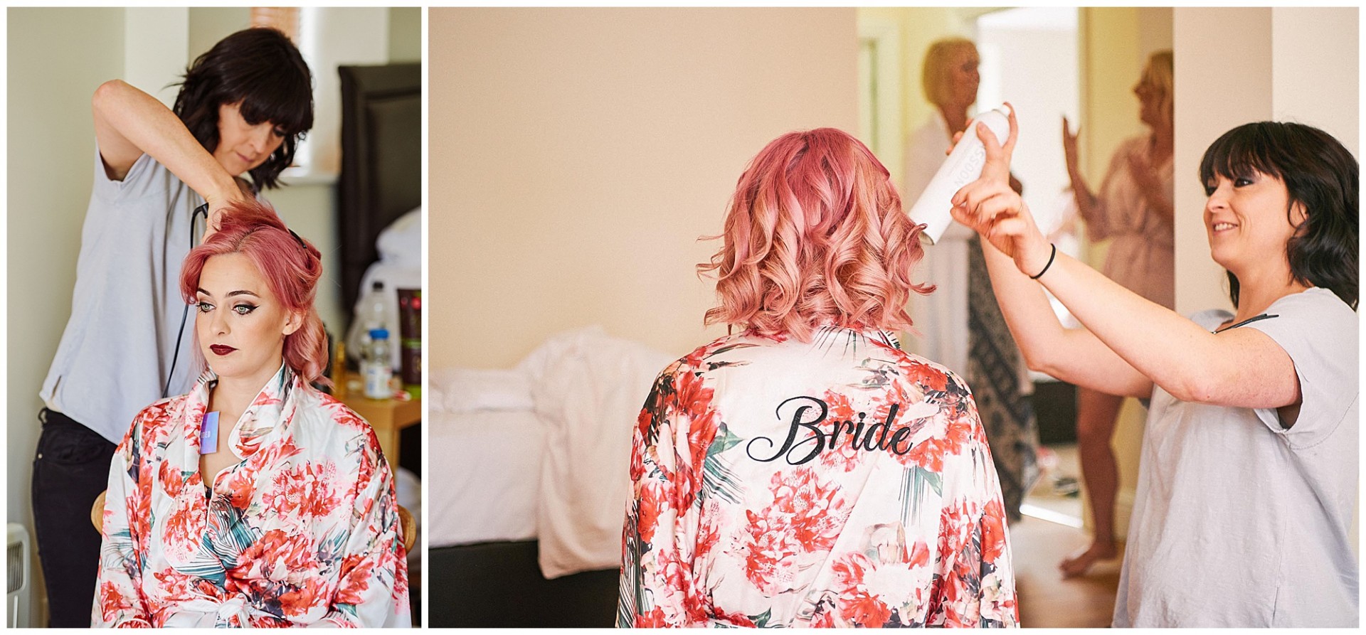 Rock n roll style bride having her pink hair styled