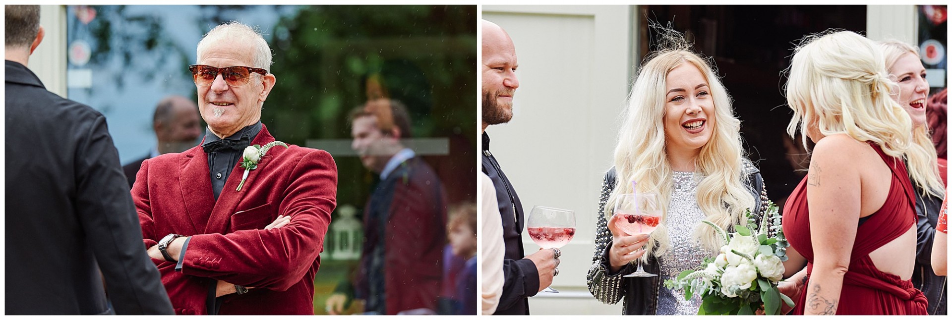 Rock n Roll style wedding guests smiling with drinks outside the Pheasantry Brewery wedding venue