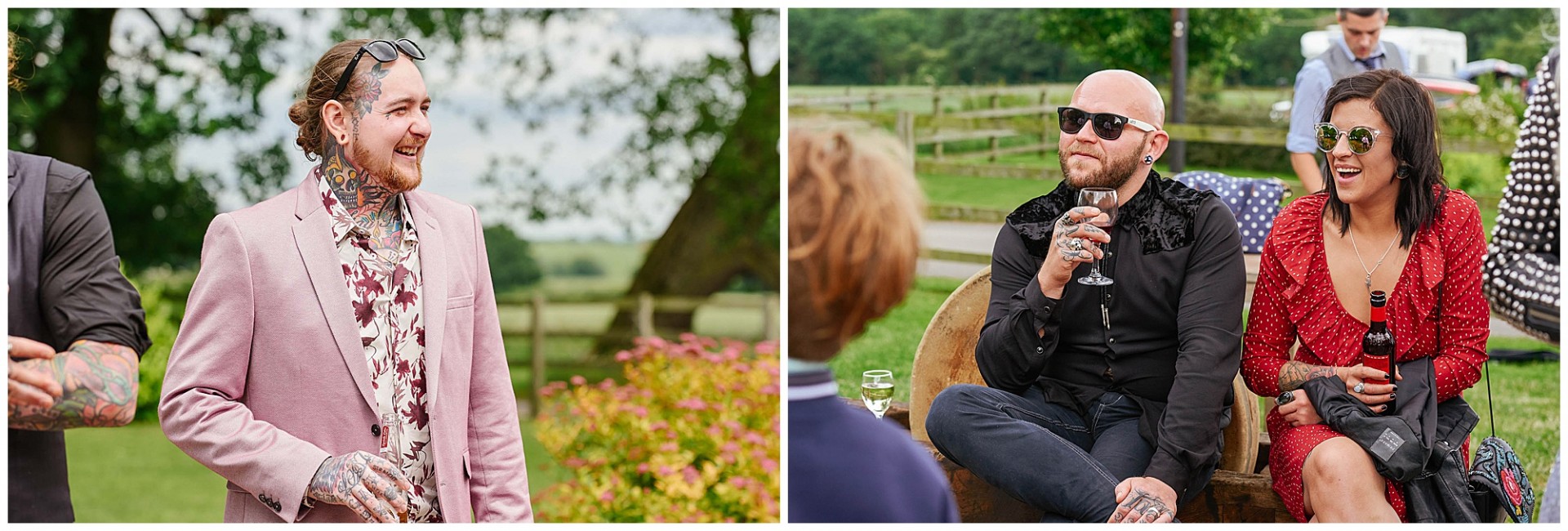 Rock n Roll style wedding guests smiling with drinks outside the Pheasantry Brewery barn venue