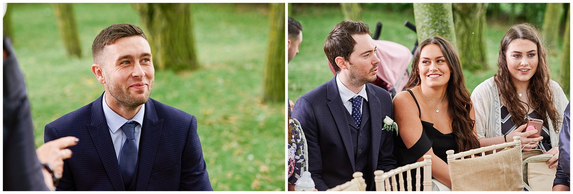 Wedding guests sat smiling during an outdoor wedding ceremony at The Pheasantry Brewery.