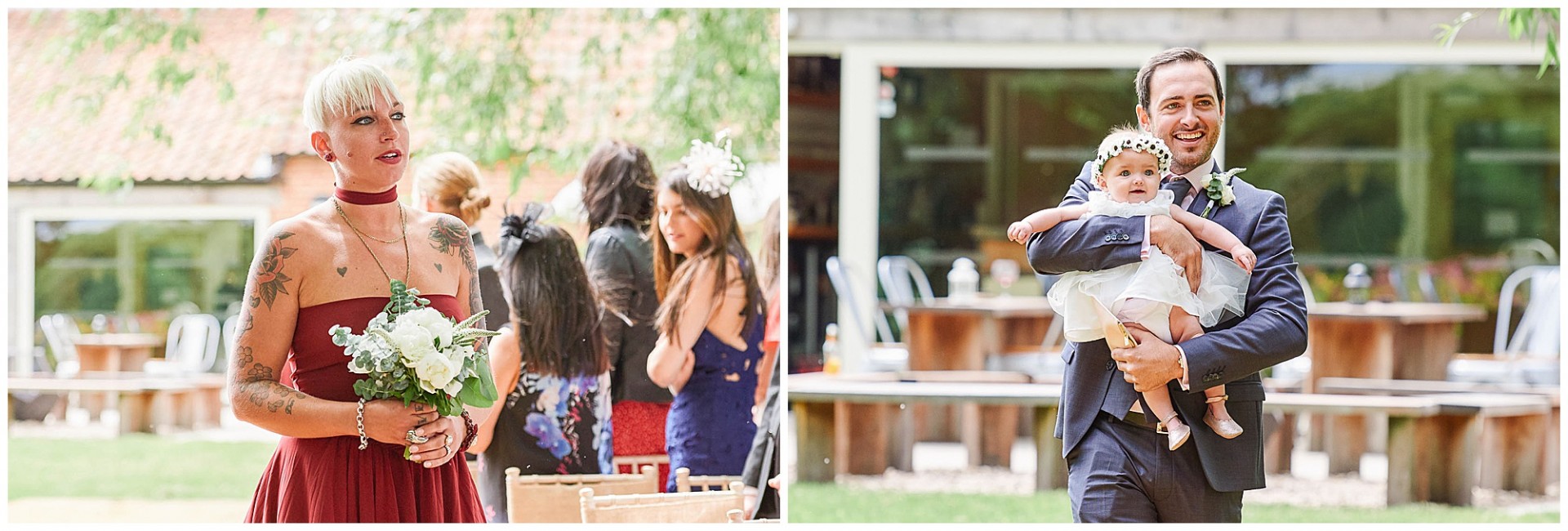 Tattooed bridesmaid and usher walking down outside wedding aisle 