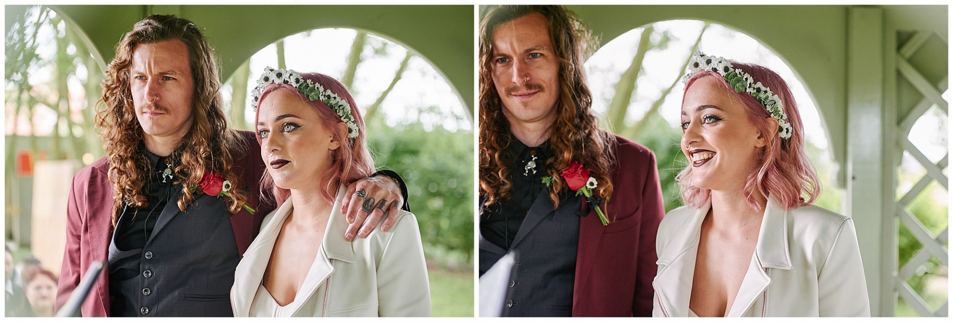 Rock n roll bride and groom smiling together during wedding ceremony at The Pheasantry Brewery.
