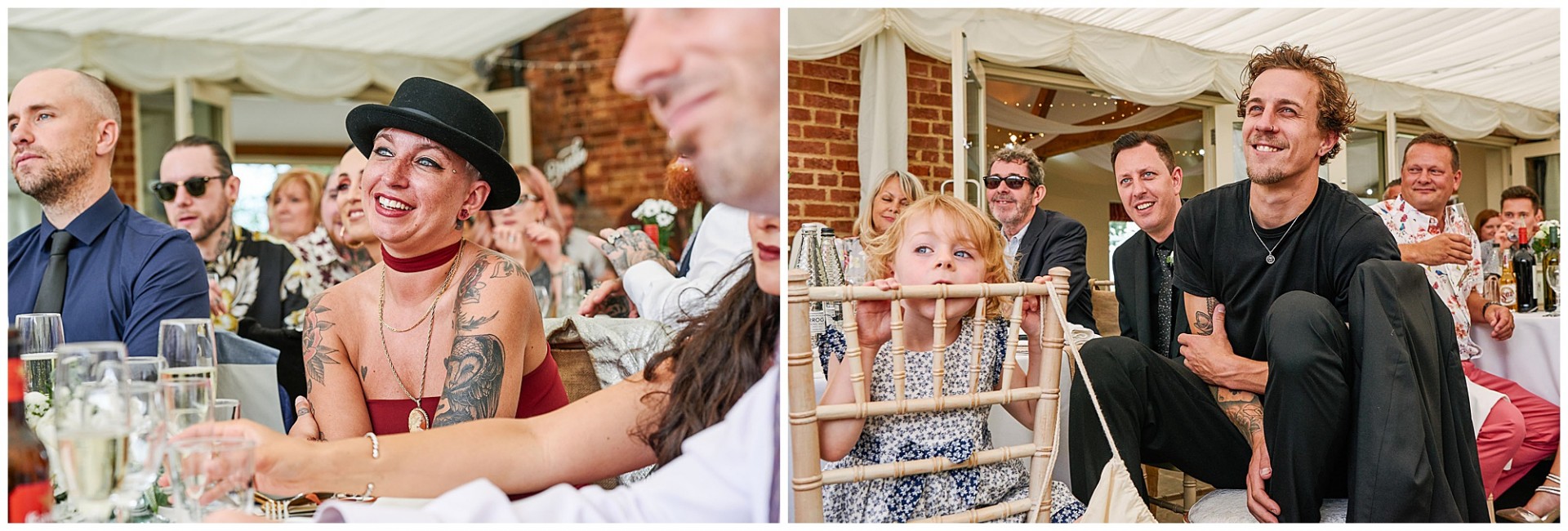 Tattooed wedding guests laughing during rock n roll wedding dinner