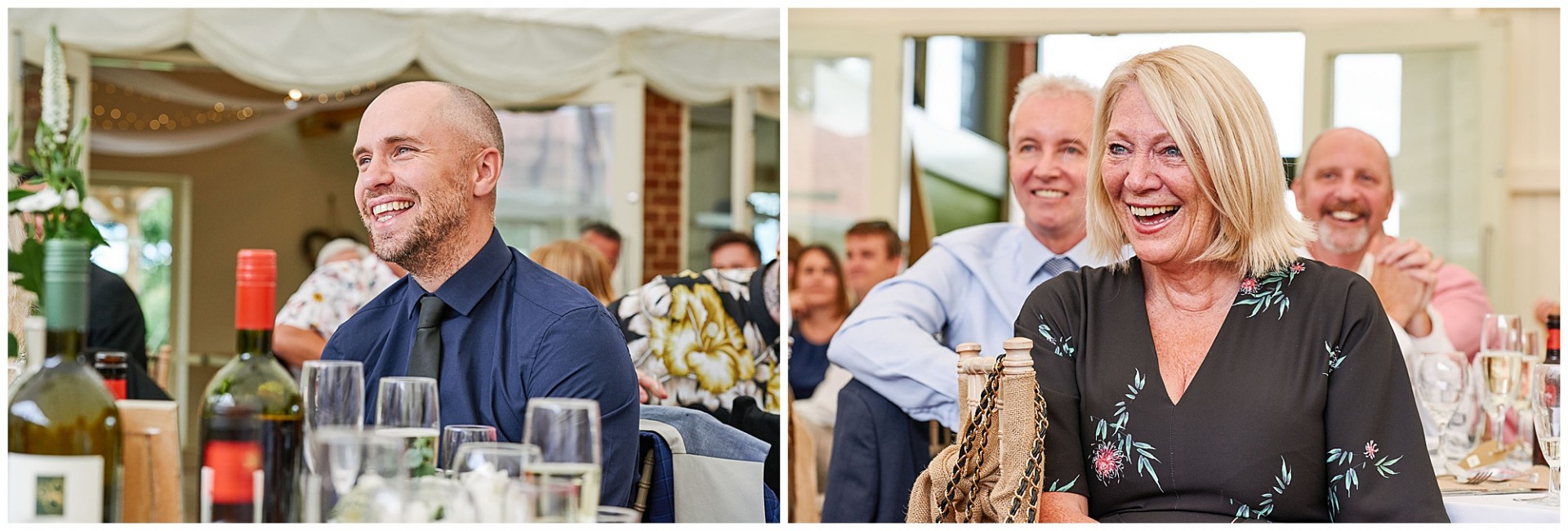 Wedding guests laughing during speeches at a festival style wedding