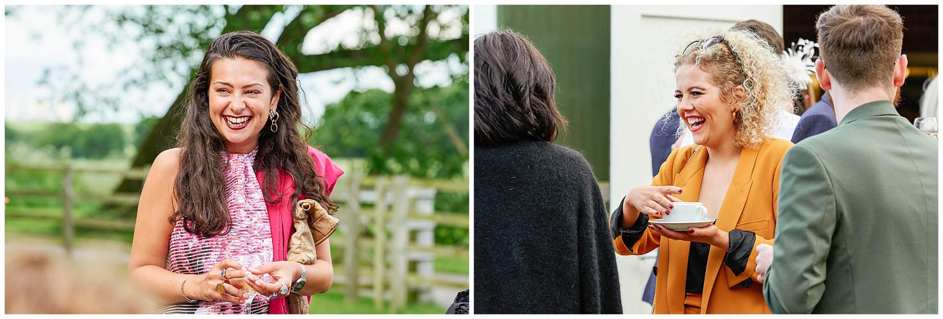 festival wedding guests laughing whilst stood outside at the The Peasantry Brewery