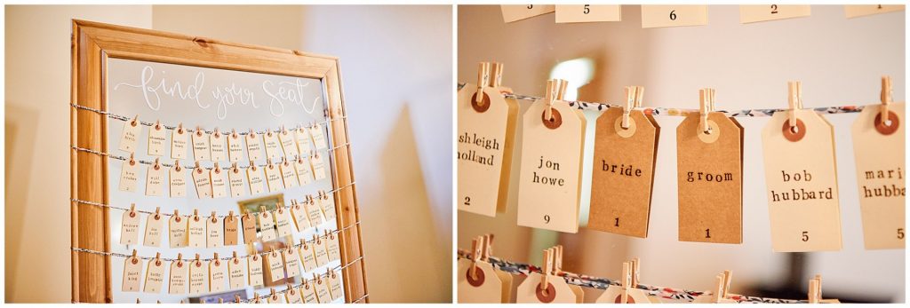 Mirror wedding seating plan with brown labels pegged to string