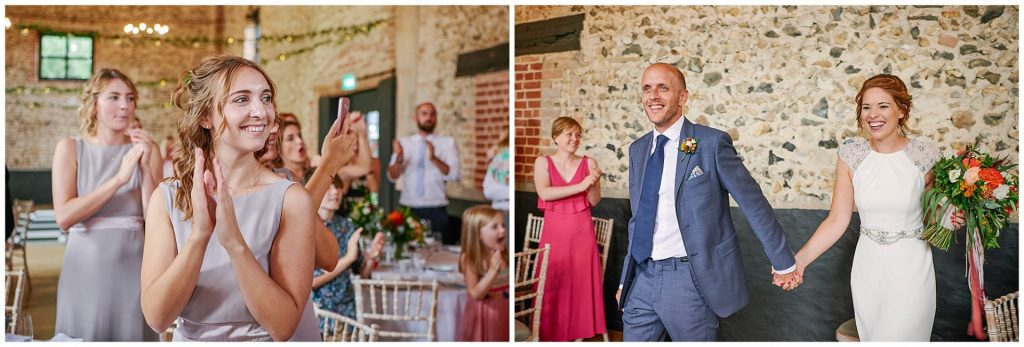 Bride and groom entering wedding breakfast brick room at the Granary Estates in Cambridge