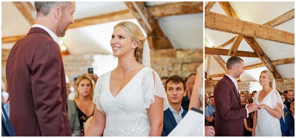 Happy bride and groom during their relaxed wedding ceremony at The Almonry Barn