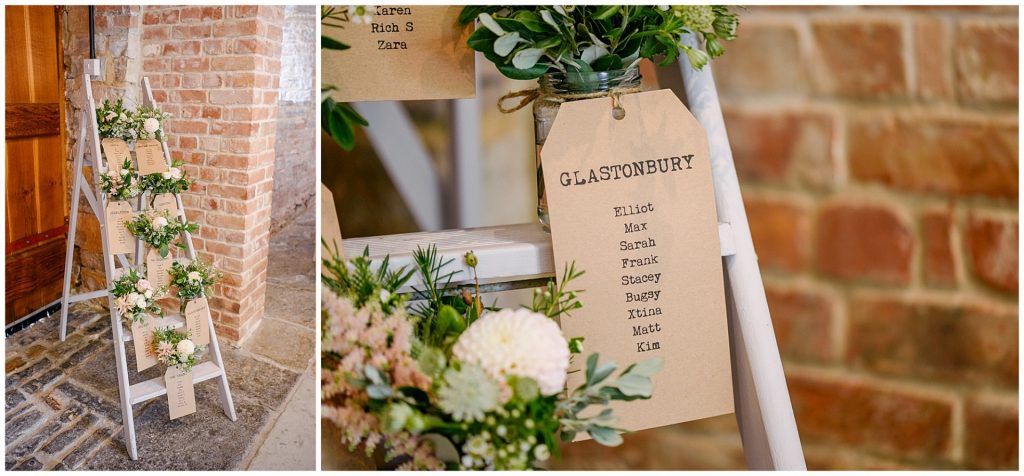 Festival themed wedding seating plan labels on a wooden step ladder