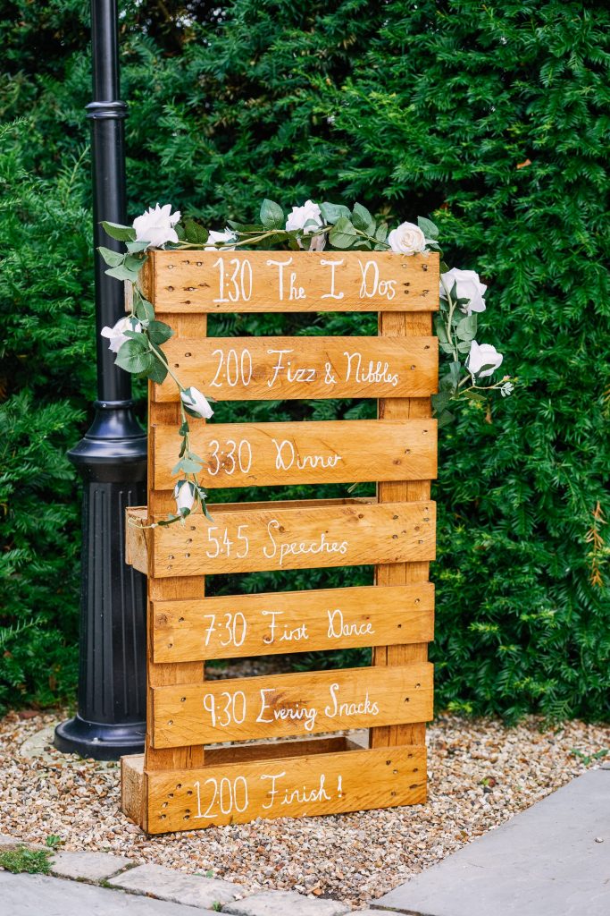 Order of the day on wooden crate at Micklefield Hall Wedding Venue