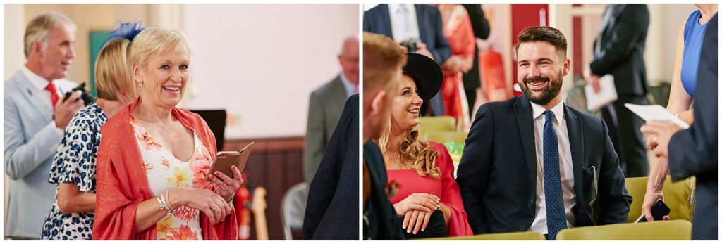 laid back guests laughing during wedding ceremony at Brighton Unitarian Church