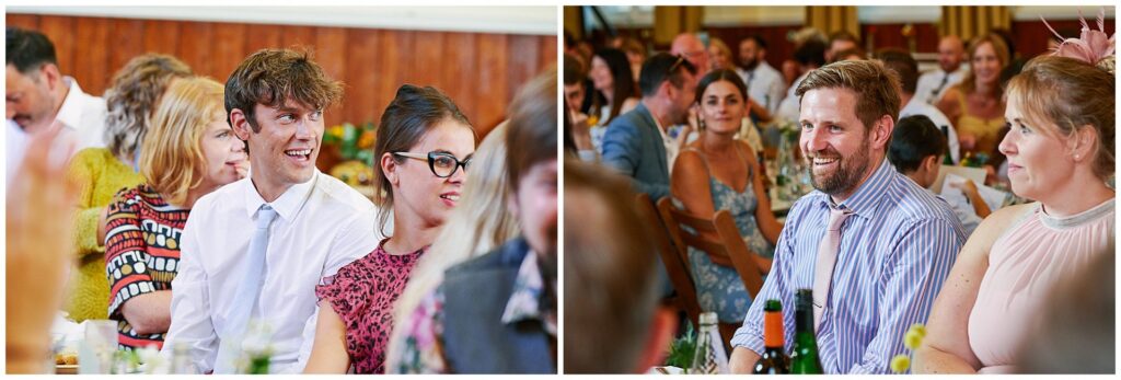 Wedding guests laughing during laid back wedding reception in Brighton.