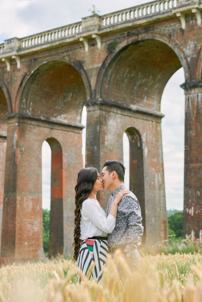 Engaged couple kissing in a field in front of The Ouse Valley Viaduct