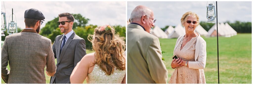 relaxed wedding guests arriving at a festival tipi wedding