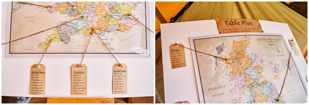 Wedding map table plan inside a festival tipi in Essex