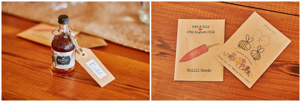 rum bottle wedding favours and chilli seeds at a festival wedding