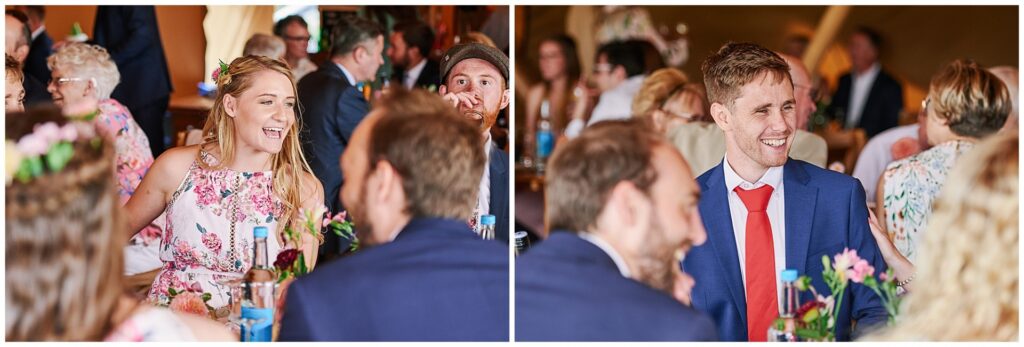 wedding guests laughing inside a festival tipi tent in Essex